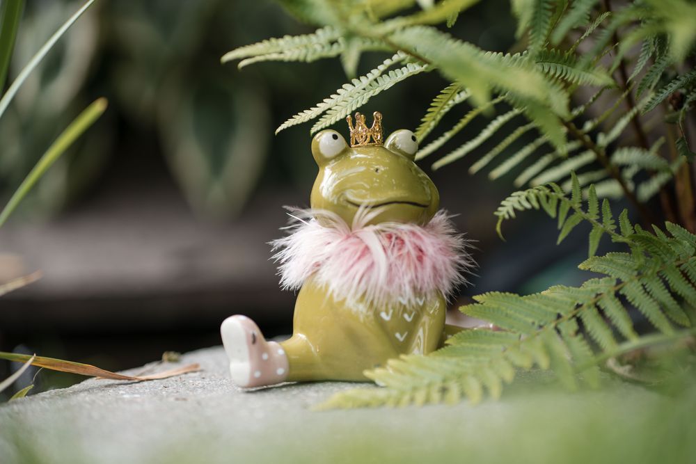 Froschkönig-Figur zwischen Farnen